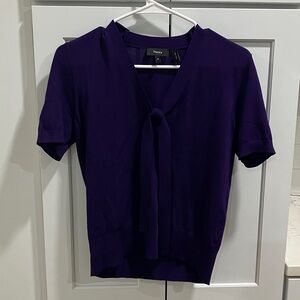 Theory Women's Purple Elodie Tie-Neck V-Neck Short Sleeve Sweater Top